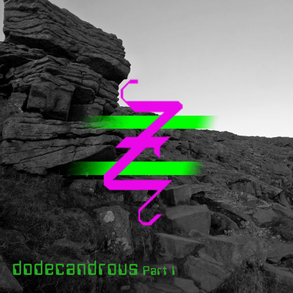 abeZilla - dodecandrous part.01 EP cover - Rocky outcrop with superimposed abeZilla logo (horizontal green stripes behind a purple stylised upper case z)