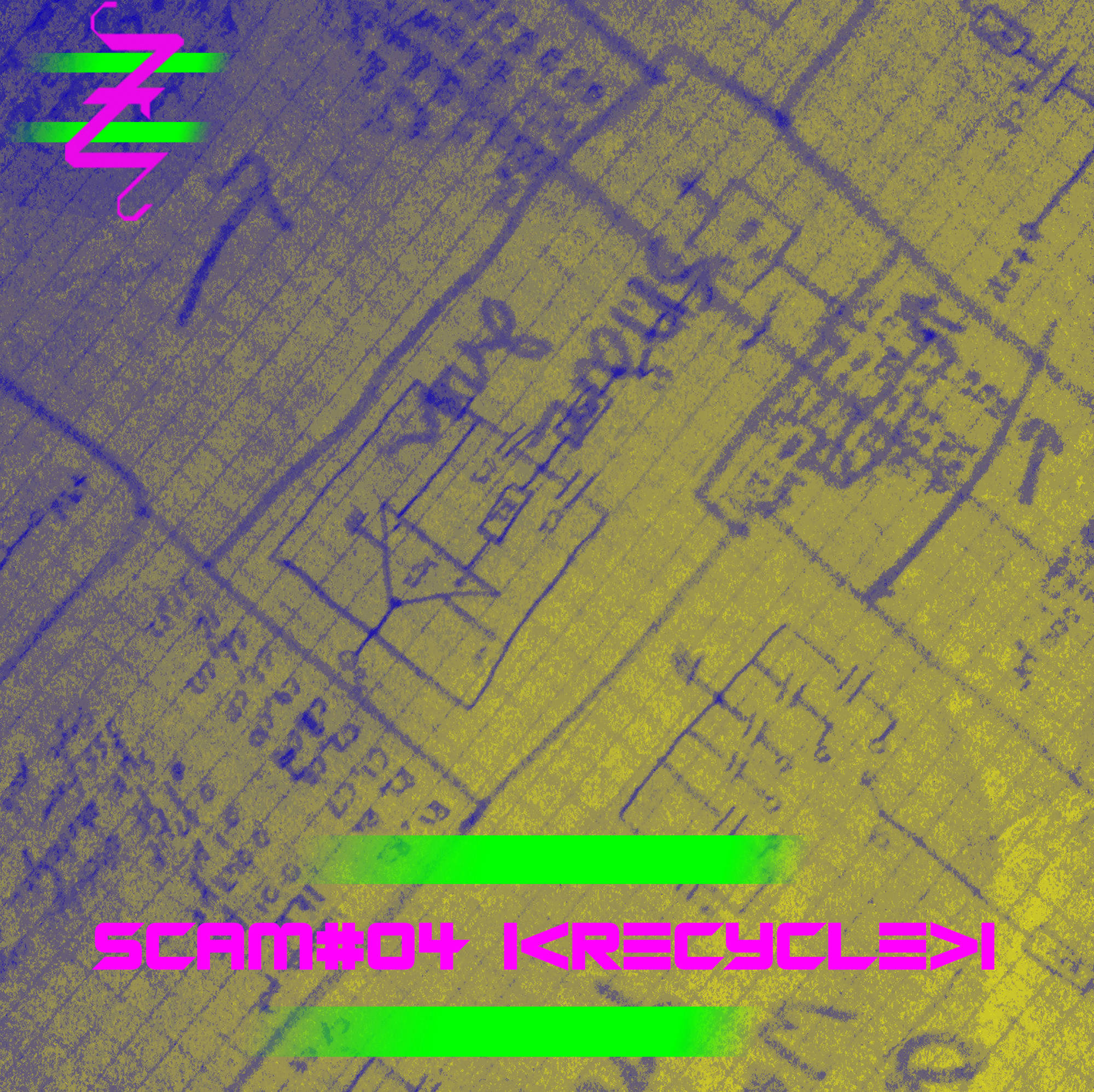 SCAM 4 cover - hand drawn annotated circuit diagram with gradient filter, blue to yellow, top left to bottom right. top left abeZilla logo (purple stylised upper case Z over two parallel horizontal green lines) bottom centered text title "SCAM#04 Recycle" between parallel horizontal green lines