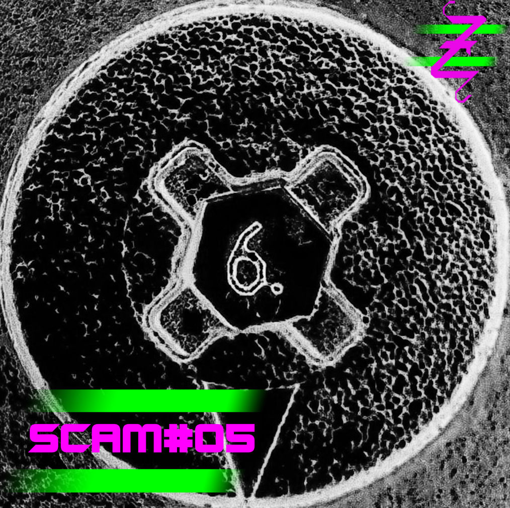 SCAM 5 cover art - close up of locking screw in negative with top right abeZilla logo (purple stylised upper case Z over 2 parallel horizontal green lines) and bottom left title "SCAM#05" in purple between two parallel green horizontal lines